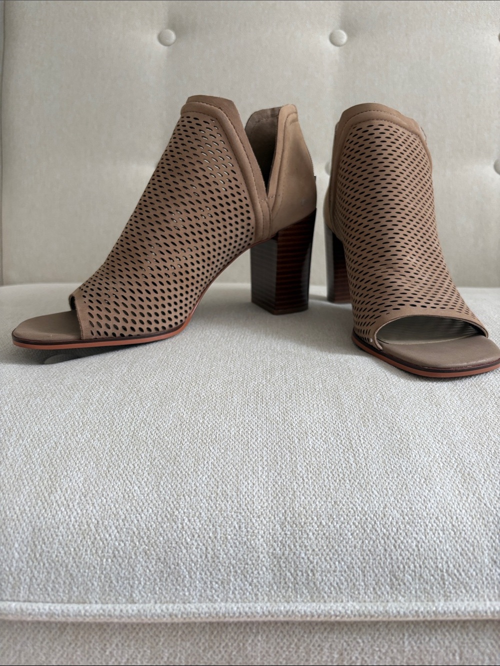 Vince Camuto Taupe Perforated Peep-Toe Block Heel Booties